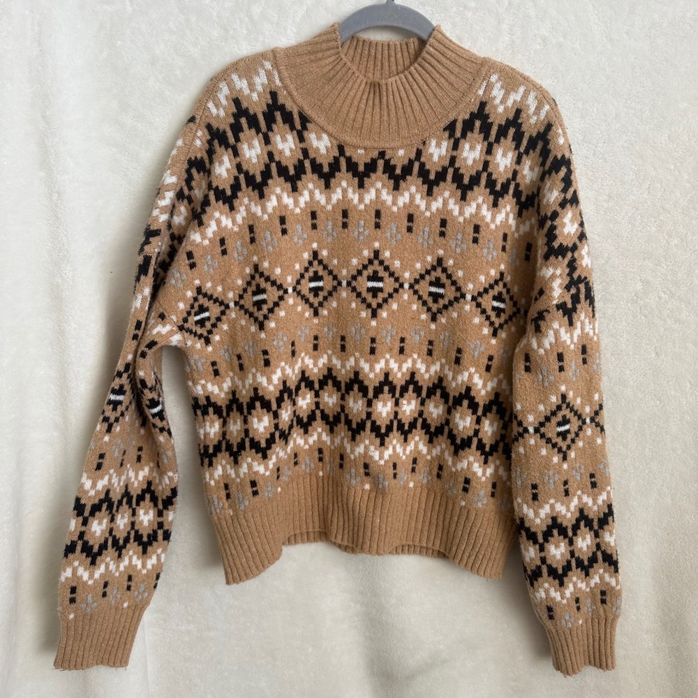 LOFT Camel Fair Isle Knit Mock‎ Neck Sweater Pullover Tan Black White Women's M